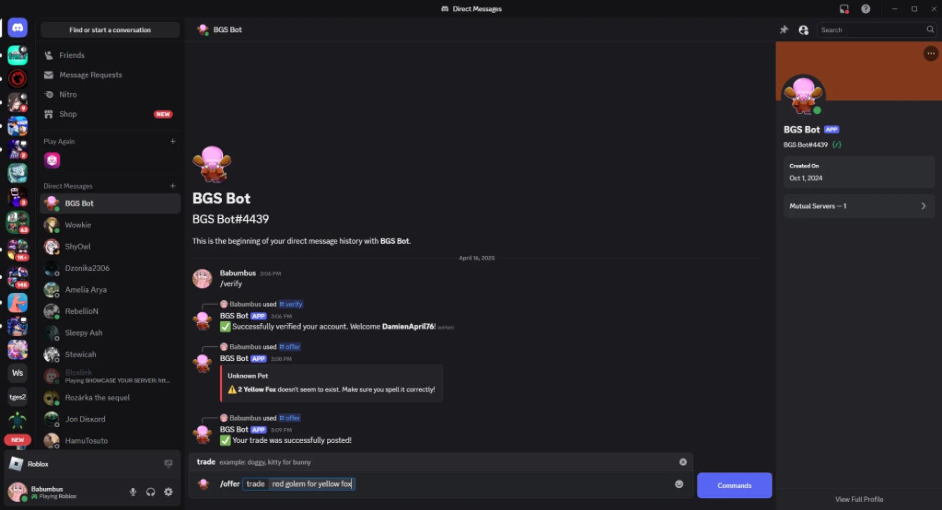 Jak złożyć ofertę handlową za pomocą bota BGS w grze Bubble Gum Simulator INFINITY Roblox