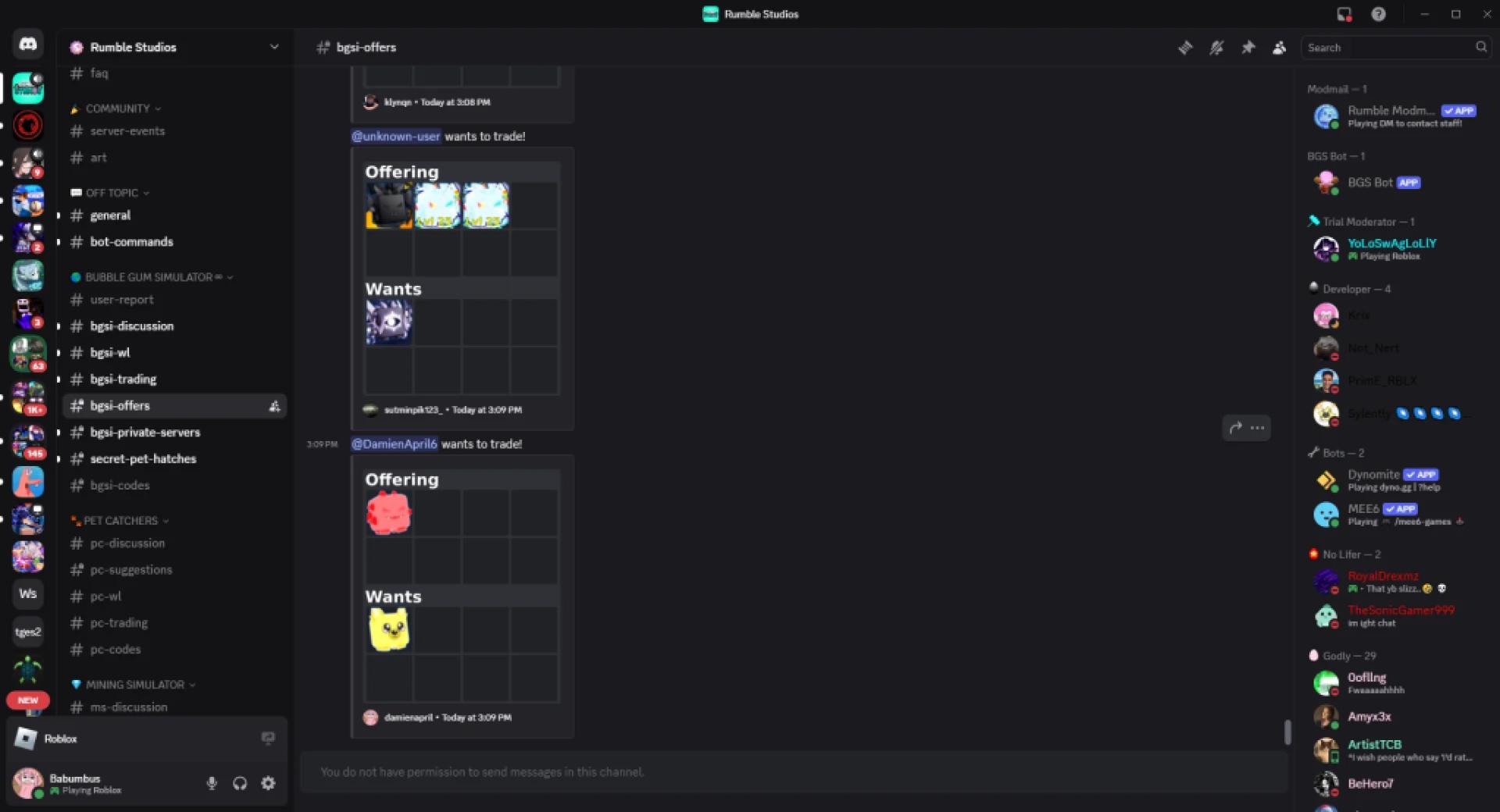 Podgląd kanału #bgsi-offers na oficjalnym serwerze Discord gry Bubble Gum Simulator INFINITY Roblox