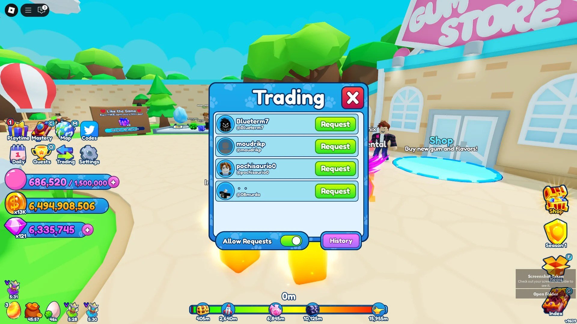 Podgląd okna zaproszenia handlowego w grze Bubble Gum Simulator INFINITY Roblox