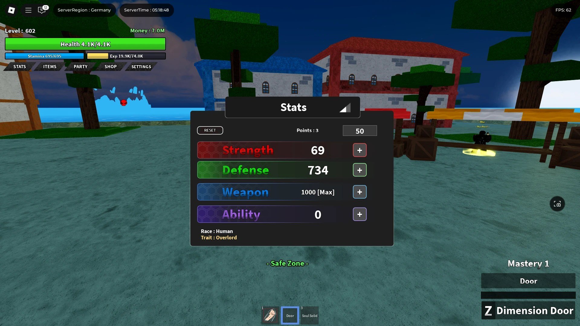 Podgląd menu statystyk w doświadczeniu Roblox Dawn Piece z cechą gracza w lewym dolnym rogu