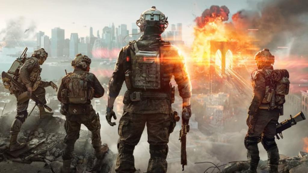 Kilku mężczyzn stoi i obserwuje wybuch w oddali w Battlefield 6.