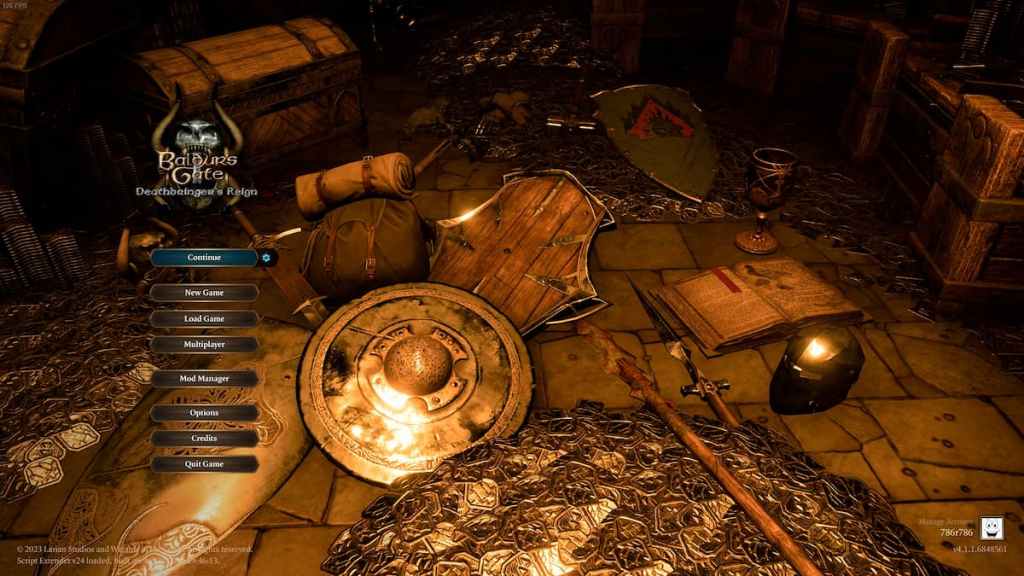 Ekran główny menu z złotem, mieczami, tarczami, skrzyniami i innymi przedmiotami porozrzucanymi po ziemi w Baldur's Gate 3.