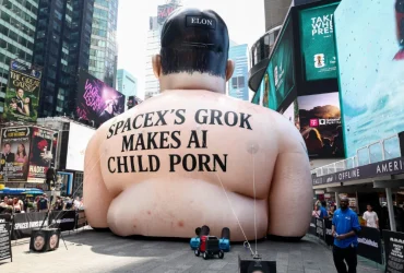 Nadmuchiwany Elon Musk na Times Square Błaga o Przebicie – Grok Prawdziwy